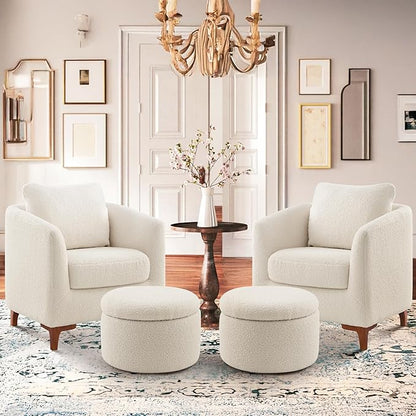 COLAMY Sherpa Accent Chair and Storage Ottoman Set of 2, Modern Upholstered Living Room Chair with Foot Rest, Armchair with Back Pillow and Wooden Legs for Living Room, Bedroom, Classic Cream