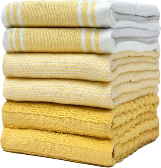 Premium Kitchen Towels 6 Pack Large Cotton Flat Terry Absorbent Tea Towels with Hanging Loop Wide Stripe Yellow 20x28