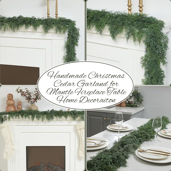 Dingion 1 Pcs 6 ft Christmas Cedar Garland - Artificial Realistic Green Faux Cedar Pine Garland Soft and Thick for Home Table, Mantle, Wall, Door, Indoor & Outdoor Christmas Party Decorations