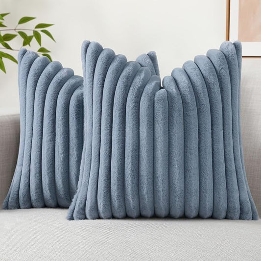 decorUhome Faux Fur Throw Pillow Covers 16x16 Set of 2, Decorative Soft Plush Striped Neutral Euro Pillow Covers with Velvet Back for Bed, Living Room Home Decor, Grey Blue