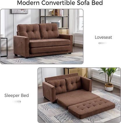 Modern Upholstered Futon Loveseat Convertible Sleeper Sofa Bed 3 in 1 Sofabed Lounge Chaise Daybed, Brown