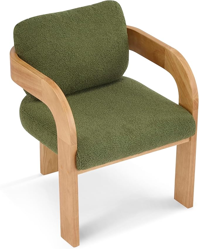 Christopher Knight Home Yorick Modern Boucle Dining Chair Set of 2 with Cushion, Solid Wood Dining Room, Curved Backrest Kitchen Side Chair, Living Room Comfy Extra Seat, Natural+Green