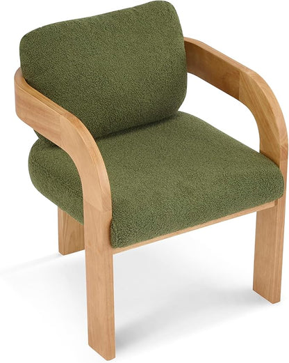 Christopher Knight Home Yorick Modern Boucle Dining Chair Set of 2 with Cushion, Solid Wood Dining Room, Curved Backrest Kitchen Side Chair, Living Room Comfy Extra Seat, Natural+Green