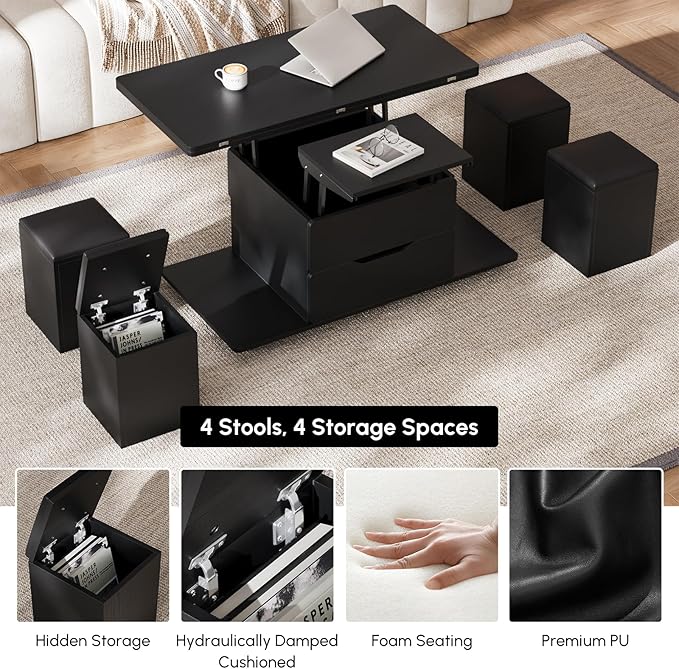 homary Coffee Table with Stools, Black 3-in-1 Modern Lift-Top Folding Center Table with Hidden Storage, Casters, and Lockable Wheels – Convertible Dining & Office Table for Living Room