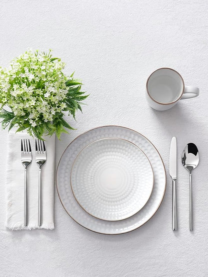 Famiware Eden Plates and Bowls Sets, Stoneware Dinnerware Sets with Gold Trim, 24 Pieces Dishes Set for 8 - Chip and Scratch Resistant, Microwave and Dishwasher Safe, White Circle