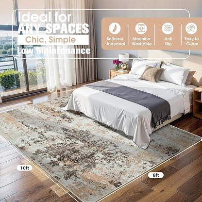 8x10 Area Rugs for Living Room Rug Washable: Abstract Large Rug for Dining Room Bedroom Carpet Non Slip 8 by 10 Indoor Modern Nursery Home Office Brown Beige
