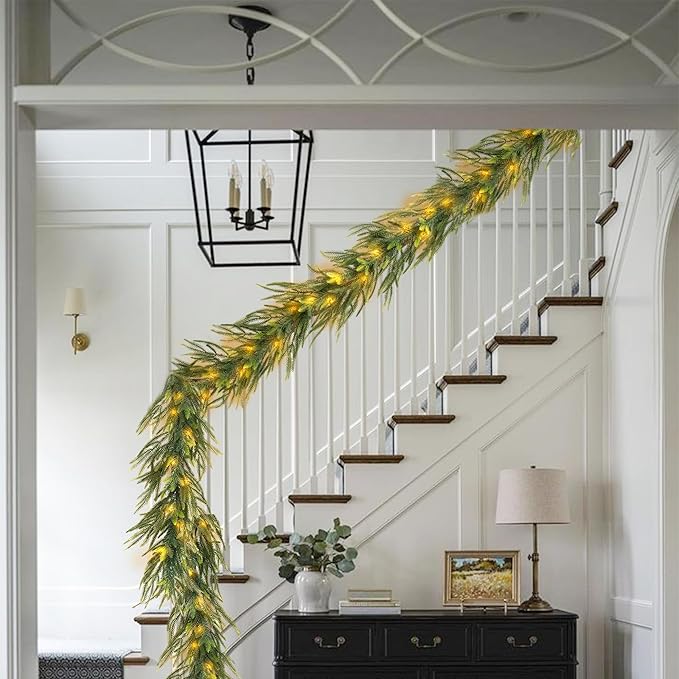 6 FT Artificial Christmas Norfolk Pine Garland, Real Touch Pine Garland with 20 LED Lights, Mixed with Noble Fir, ‌Heavier and Larger, Timer, Perfect for Table Window Mantel Indoor Outdoor