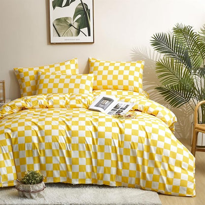 CLOTHKNOW Yellow Plaid Full Comforter Set 3Pcs Grid Bedding Comforter Sets Yellow White Comforter Full Soft Light Yellow Full Size Comforter Sets