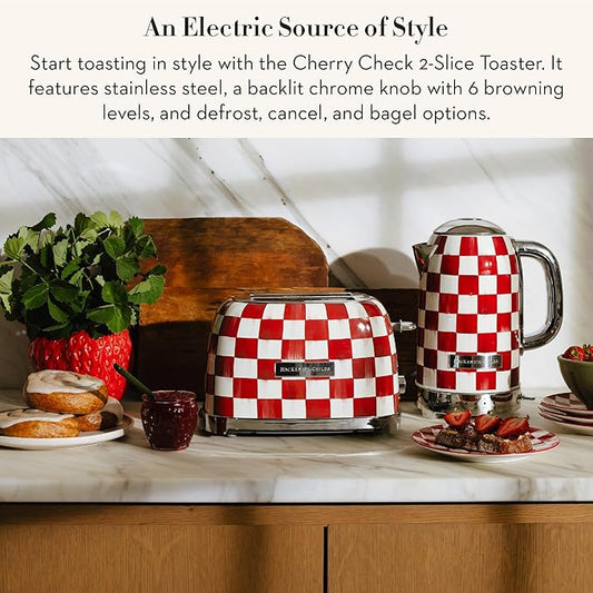 MACKENZIE-CHILDS 2-Slice Toaster, Decorative Toaster for Kitchen, Red-and-White Cherry Check