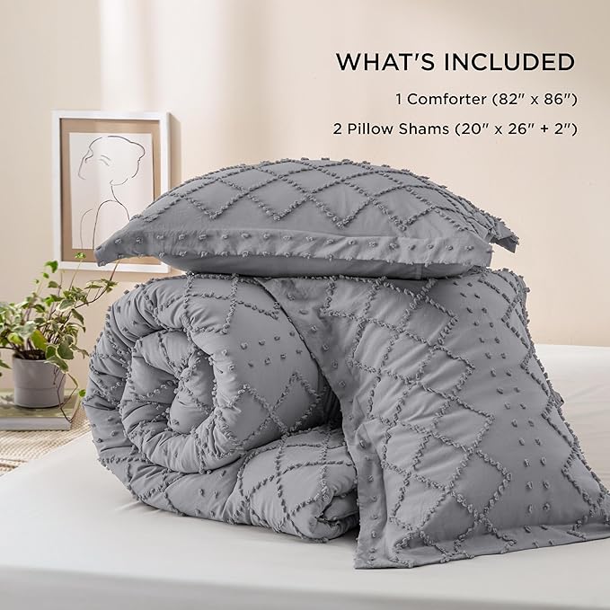 Bedsure Full Comforter Set - Grey Comforter, Boho Tufted Shabby Chic Bedding for Kids, 3 Pieces Vintage Farmhouse Bed Set for All Seasons, Fluffy Soft Bedding with 2 Pillow Shams