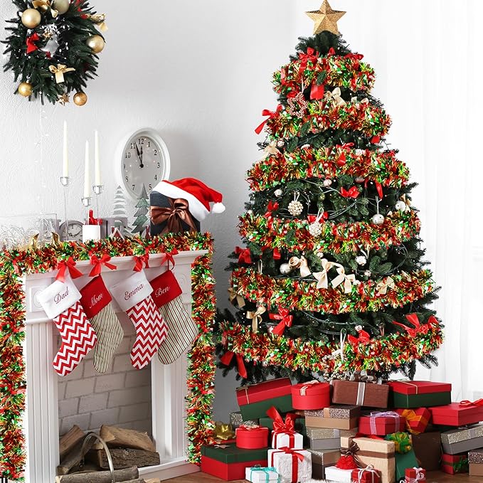 LEASEN 50 FT Christmas Tinsel Garland Metallic Tinsel Twist Garland Glitter Christmas Tree Decorations in Red, Green and Gold