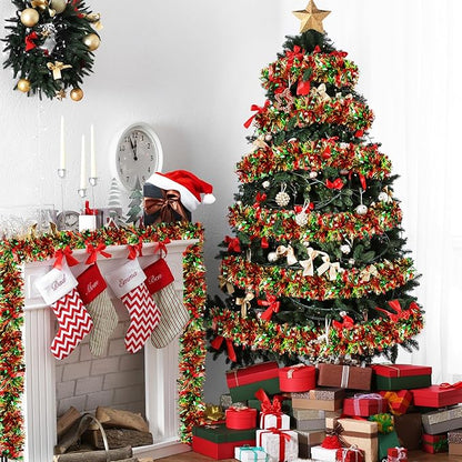 LEASEN 50 FT Christmas Tinsel Garland Metallic Tinsel Twist Garland Glitter Christmas Tree Decorations in Red, Green and Gold