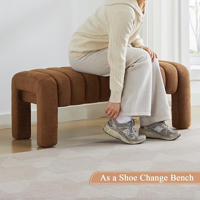 43’’ End of Bed Bench, Modern Boucle Entryway Bench, Upholstered Ottoman Stool with Full Coverage Fabrics, Ottoman for Bedroom, Living Room, Dining Room, Rust Brown