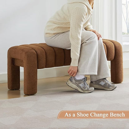 43’’ End of Bed Bench, Modern Boucle Entryway Bench, Upholstered Ottoman Stool with Full Coverage Fabrics, Ottoman for Bedroom, Living Room, Dining Room, Rust Brown