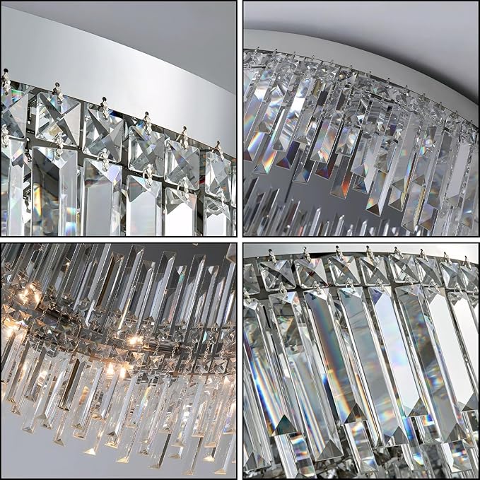 Modern Chandelier for Living Room, 24in Flush Mount Crystal Ceiling Light Fixture Chrome Large Raindrop Chandelier Lighting Fixture for Dining Room Living Room Bedroom Kitchen