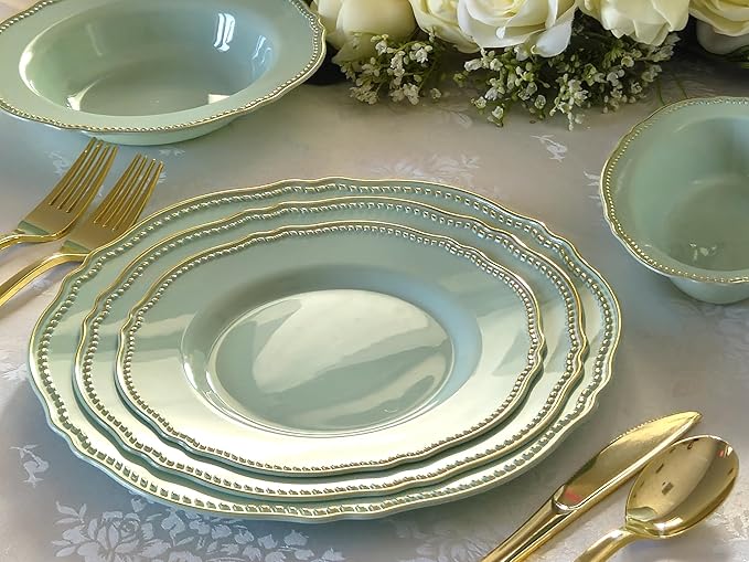 " OCCASIONS " 50 Plates Pack (25 Guests)-Heavyweight Wedding Party Disposable Plastic Plate Set -25 x 10.25'' Dinner + 25 x 7.5'' Salad/dessert plates (Rochelle Seafoam/Mint and Gold))
