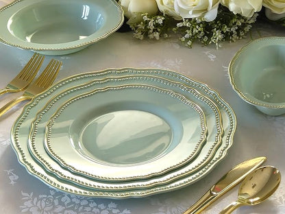 " OCCASIONS " 240 Plates Pack,(120 Guests) Heavyweight Premium Disposable Plastic Plates Set -120 x 10.25'' Dinner + 120 x 7.5'' Salad/Dessert (Rochelle Seafoam/Mint and Gold))