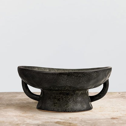 Creative Co-Op Stoneware Footed Pedestal/Bowl with Handles, Reactive Glaze Decorative Object, Black