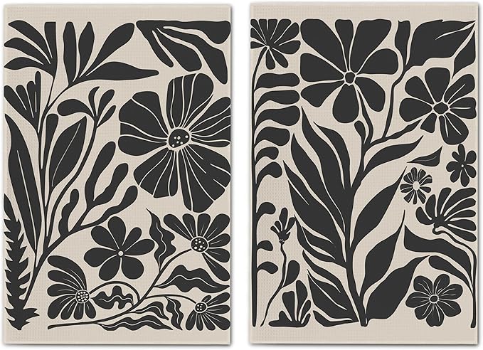Boho Floral Dish Towels Vintage Abstract Flowers Waffle Weave Black