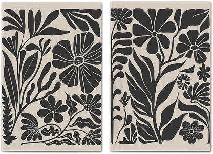 Boho Floral Dish Towels Vintage Abstract Flowers Waffle Weave Black