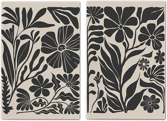 Boho Floral Dish Towels Vintage Abstract Flowers Waffle Weave Black