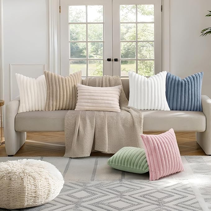 decorUhome Faux Fur Christmas Throw Pillow Covers 26x26 Set of 2, Decorative Soft Plush Striped Neutral Euro Pillow Covers with Velvet Back for Bed, Living Room Home Decor, Cream White