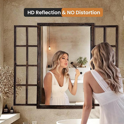 Wall Mirror with Window Design, 36"x24" Rustic Farmhouse Wood Mirror for Wall Decor, Decorative Vintage Mirror for Living Room, Bedroom, Entryway