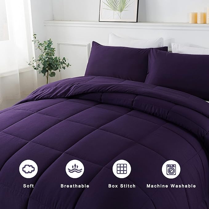 DOWNCOOL King Size Comforter Set -All Season Bedding Comforters Sets with 2 Pillow Cases -3 Pieces Bed Set Down Alternative King Bedding Set -Purple King Comforter Set(102"x90")