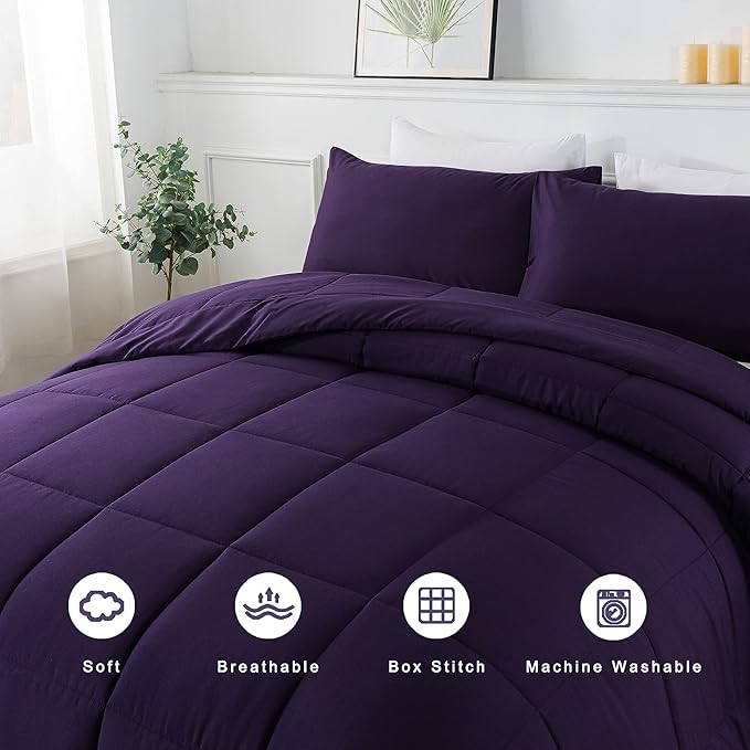 DOWNCOOL Twin Comforter Set -All Season Bedding Comforters Sets with 1 Pillow Case -2 Pieces Bed Set Down Alternative Comforter Set -Purple Twin Bedding Sets(64"x88")