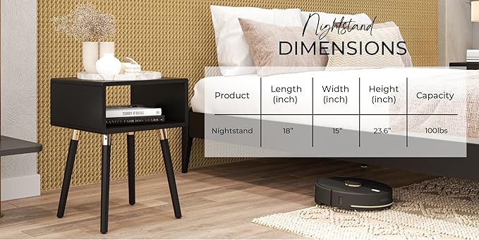 Bme Dinkee Solid Wood Bedside Table Fully Assembled Without Drawer for Mid Century Bedroom and Living Room, Black
