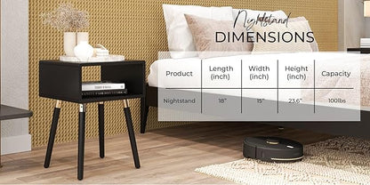 Bme Dinkee Solid Wood Bedside Table Fully Assembled Without Drawer for Mid Century Bedroom and Living Room, Black
