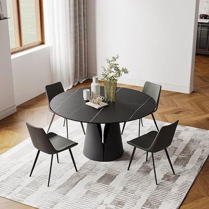 POVISON 47" Round Dining Table for 4, Modern Dining Table Round, Matte Black Sintered Stone Tabletop with Black Carbon Steel Pedestal (Dining Room Table Only)