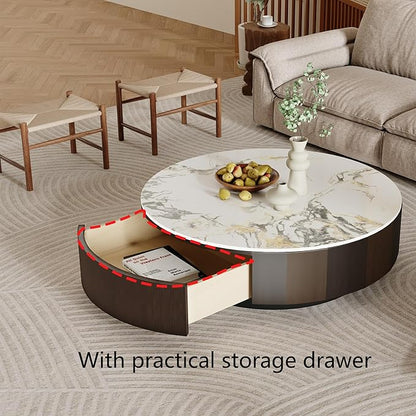 35.43" Modern Coffee Table for Living Room, Round Coffee Table with Storage Drawer, Sintered Stone Top with Metal Base, NO Assembly Living Room Table Tea Table for Home Office