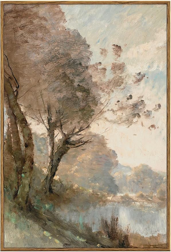 KBKBART Framed Canvas Wall Art Vintage Southwest Decor, Retro Neutral Landscape Riverside Botanical Art Prints Painting, Rustic Farmhouse Wall Decor Ready To Hang for Bedroom, Bathroom, Living Room,