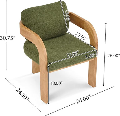 Christopher Knight Home Yorick Modern Boucle Dining Chair Set of 2 with Cushion, Solid Wood Dining Room, Curved Backrest Kitchen Side Chair, Living Room Comfy Extra Seat, Natural+Green