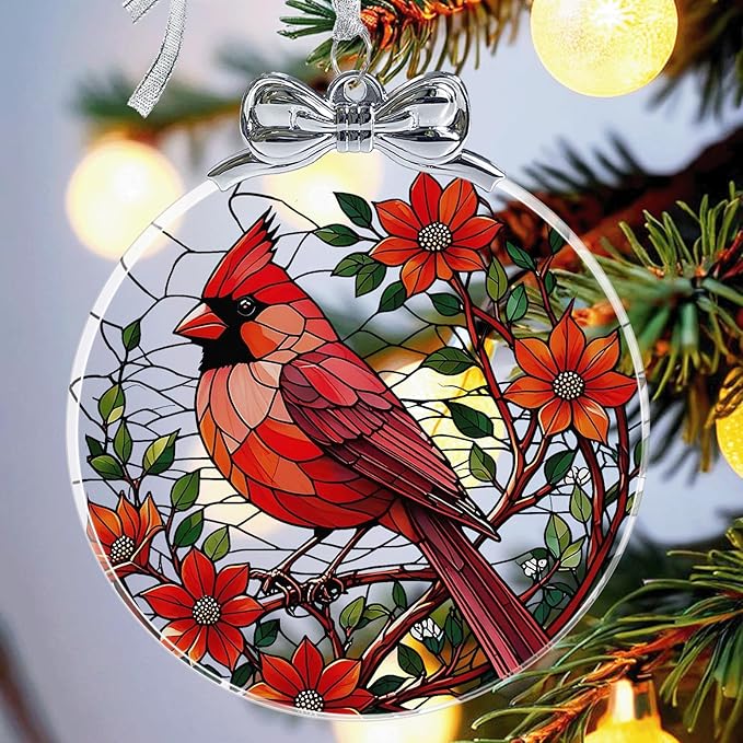 Cardinal Christmas Ornament Crystal Glass for Christmas Tree Décor - Red Cardinal Memorial Gifts - Hanging Ornament Crystal Glass Holiday Keepsake Present Idea