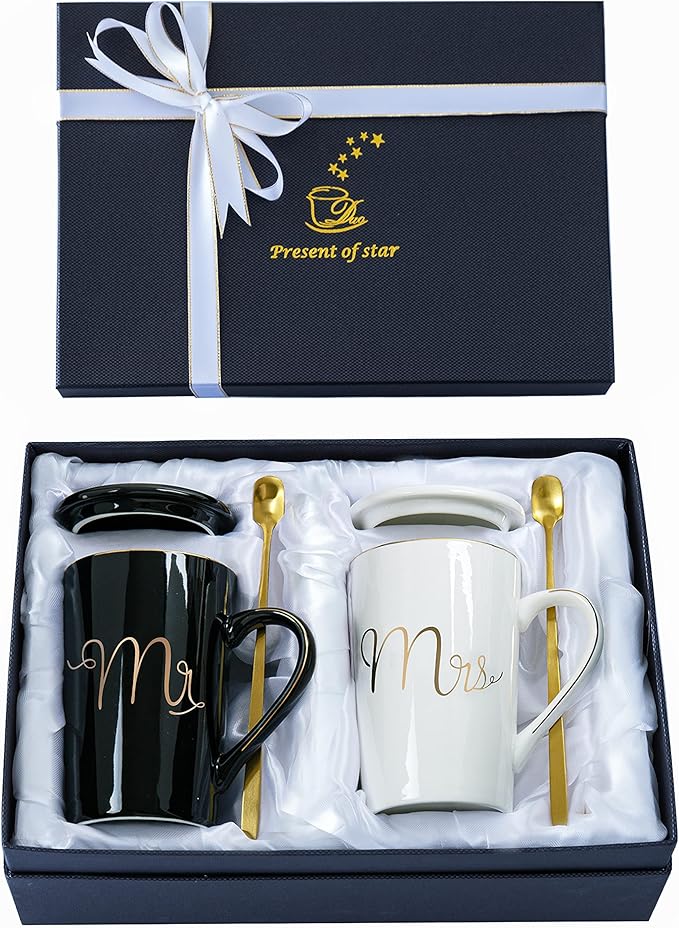 Jumway Mr and Mrs Coffee Mugs Set - Unique Wedding Gifts For Bride and Groom - His and Hers Anniversary Present Husband and Wife -Engagement Gifts For Him Her For Parents for Valentine's day
