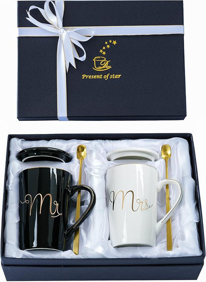 Jumway Mr and Mrs Coffee Mugs Set - Unique Wedding Gifts For Bride and Groom - His and Hers Anniversary Present Husband and Wife -Engagement Gifts For Him Her For Parents for Valentine's day