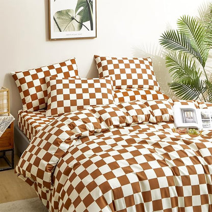 CLOTHKNOW Brown Beige Plaid Comforter Sets Full 3Pcs Grid Bedding Comforter Sets All Season Checker Comforter Soft Brown Comforter with 2 x Pillow Cases