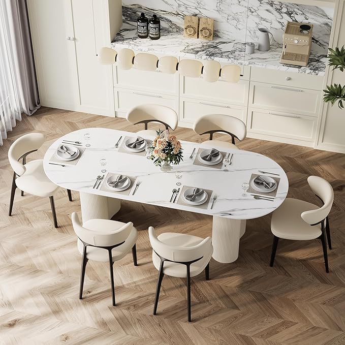 71" Modern Oval Dining Table for 6, Glossy White Sintered Stone Dining Tabletop with Dual-Pedestal, Easy Assembly Dining Room Table for Home Kitchen (Table Only)