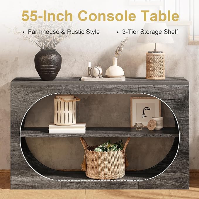 Console Table, 55-Inch Entryway Table with Storage 3-Tier Farmhouse Narrow Sofa Table Wood Foyer Table for Entryway, Hallway, Living Room, Office (Grey Oak, 55 inch)