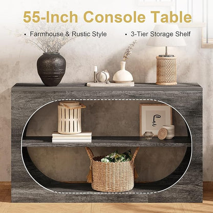 Console Table, 55-Inch Entryway Table with Storage 3-Tier Farmhouse Narrow Sofa Table Wood Foyer Table for Entryway, Hallway, Living Room, Office (Grey Oak, 55 inch)