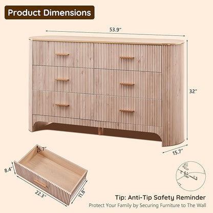 Fluted 6 Drawer Dresser for Bedroom with Curved Profile Design,53.9" W Chest of Drawers with Reeded Texture,Wide Storage Cabinet with Smooth-Glide Drawers,gold metal handle or Living Room,Light Oak