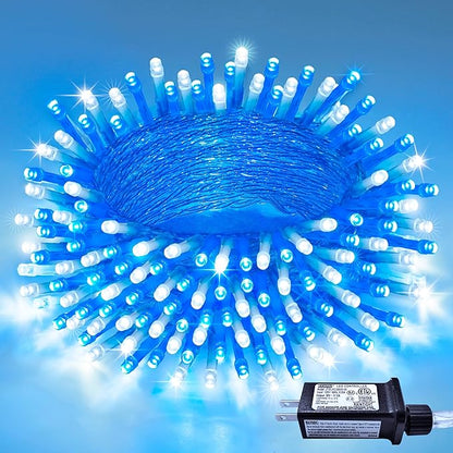 JMEXSUSS Connectable Blue and White Christmas Lights, 8 Modes 100 LED Twinkle String Lights Indoor, Clear Wire Plug-in Christmas String Lights Outdoor Waterproof