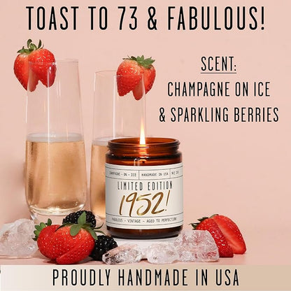73rd Birthday Gifts for Women - 'Limited Edition 1952' Soy Candle, w/Champagne on Ice I 73 Birthday Gifts for Women I 73rd Birthday Gift for Her Ideas I 9oz Reusable Jar, 50Hr Burn, Made in USA