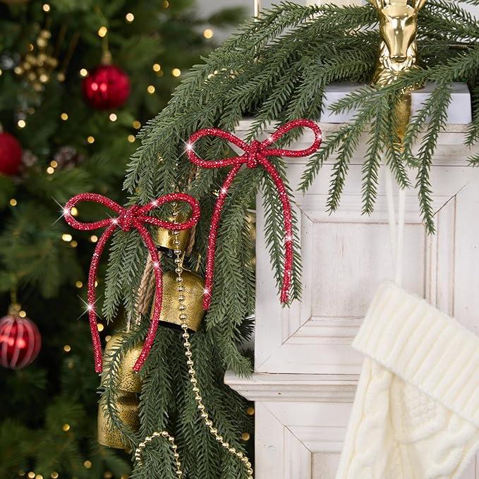 FLAIR GIFTS 6 Pcs 4.3" x 6" 2025 Christmas Red Bows for Tree Decor, Sparkly Glitter Rhinestone Bow Ornaments with Twist Tie for Xmas Decoration, Wreath, Garland, Gift Wrapping