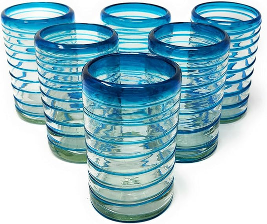 Hand Blown Mexican Drinking Glasses – Set of 6 Glasses with an Aqua Spiral Design (14 oz each) …