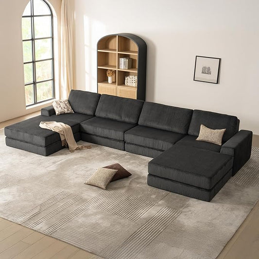 160.63‘’ Boneless Couch Cloud Modular Sectional Couches for Living Room, Oversize U-Shape Sofa with Deep Seat, Plush Corduroy 4-Seater with 2-Ottoman, No Assembly Required