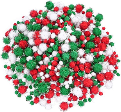 Livder Christmas Pom Poms Pompoms Red Green White Glitter Fluffy Balls, DIY Art Crafts Decorations Supplies (4 Sizes, 900 Pieces)