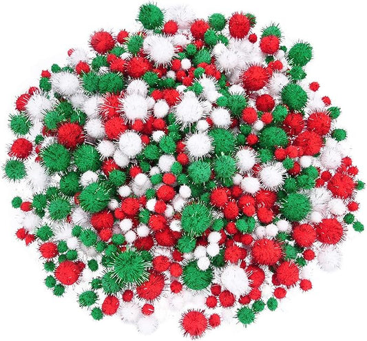 Livder Christmas Pom Poms Pompoms Red Green White Glitter Fluffy Balls, DIY Art Crafts Decorations Supplies (4 Sizes, 900 Pieces)